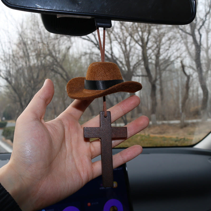 Christianartworkshop Cowboy Hat & Cross Car Pendant: Steadfast Faith for the Open Road - Wood Cross - Brown - Without Bead - image 0