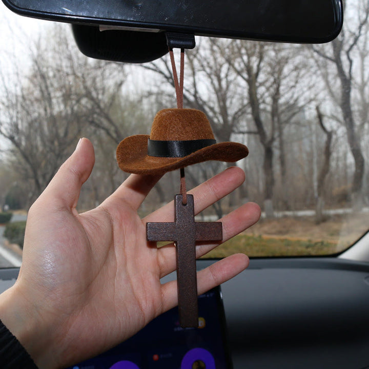 Christianartworkshop Cowboy Hat & Cross Car Pendant: Steadfast Faith for the Open Road - Wood Cross - Brown - Without Bead - image 0