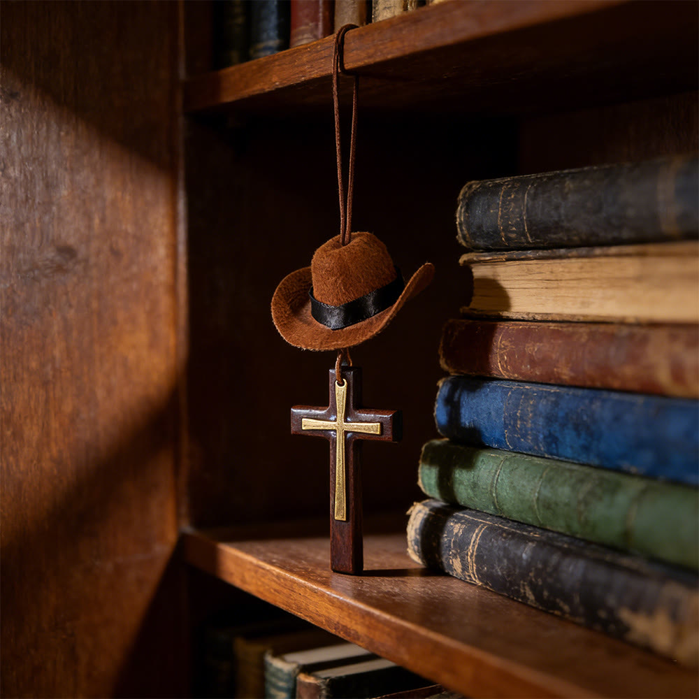 Christianartworkshop Cowboy Hat & Cross Car Pendant: Steadfast Faith for the Open Road - Wood & Metal Cross - Brown - image 7