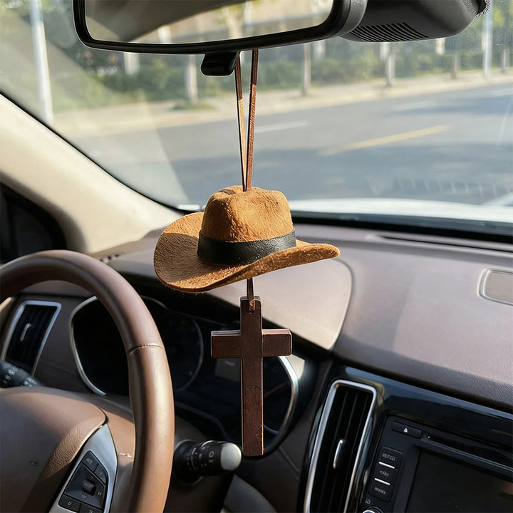 Christianartworkshop Cowboy Hat & Cross Car Pendant: Steadfast Faith for the Open Road - image 4