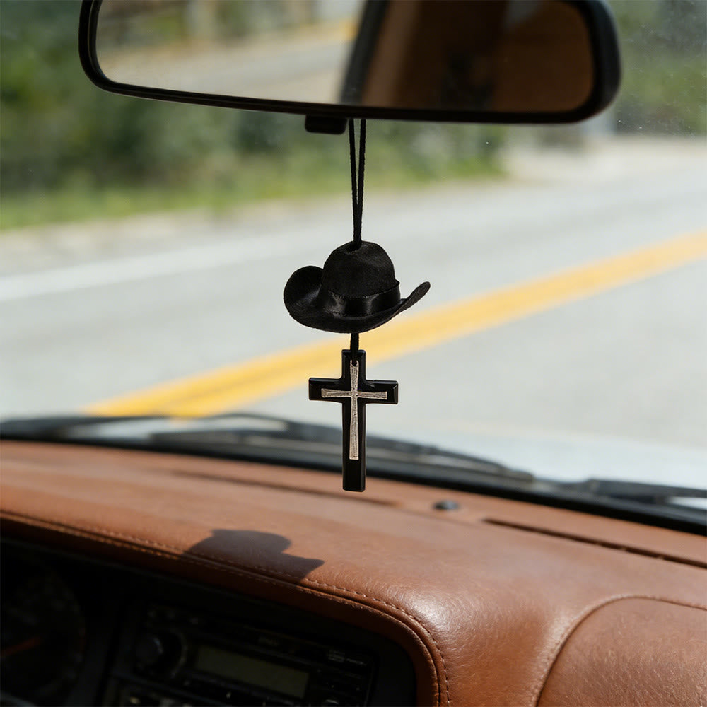 Christianartworkshop Cowboy Hat & Cross Car Pendant: Steadfast Faith for the Open Road - Wood & Metal Cross - Black - Without Bead - image 9