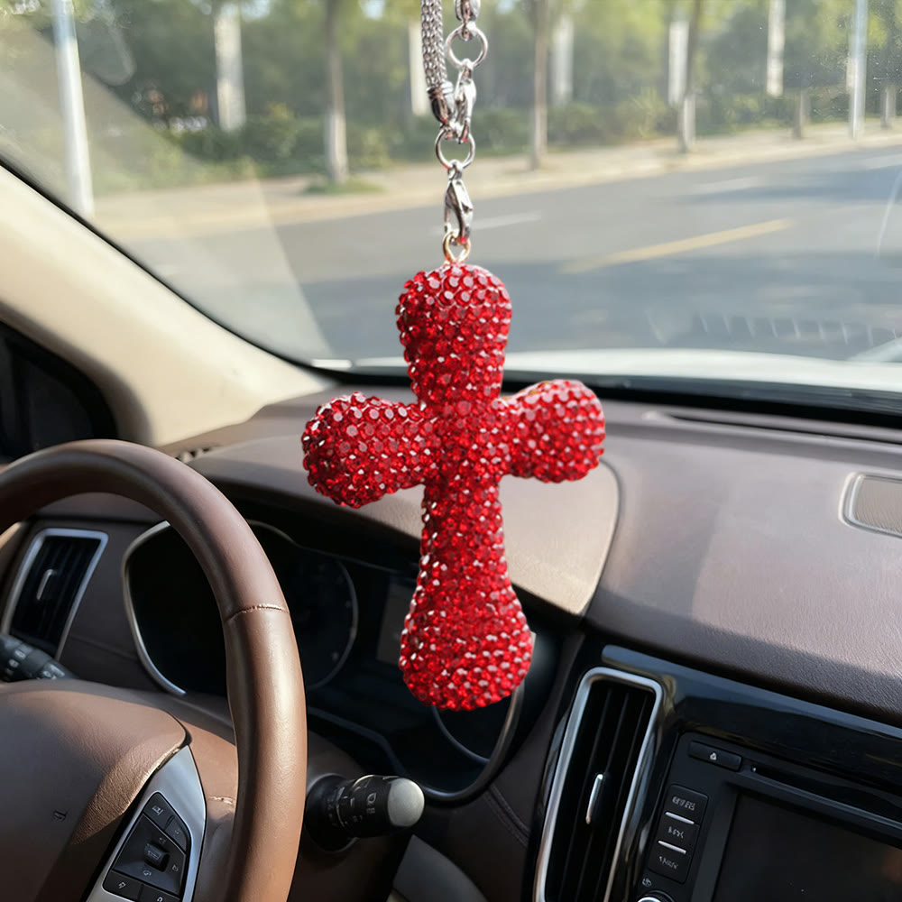 Christianartworkshop Crystal-Embellished Cross Car Pendant: Radiant Faith for Every Journey - Red - image 0