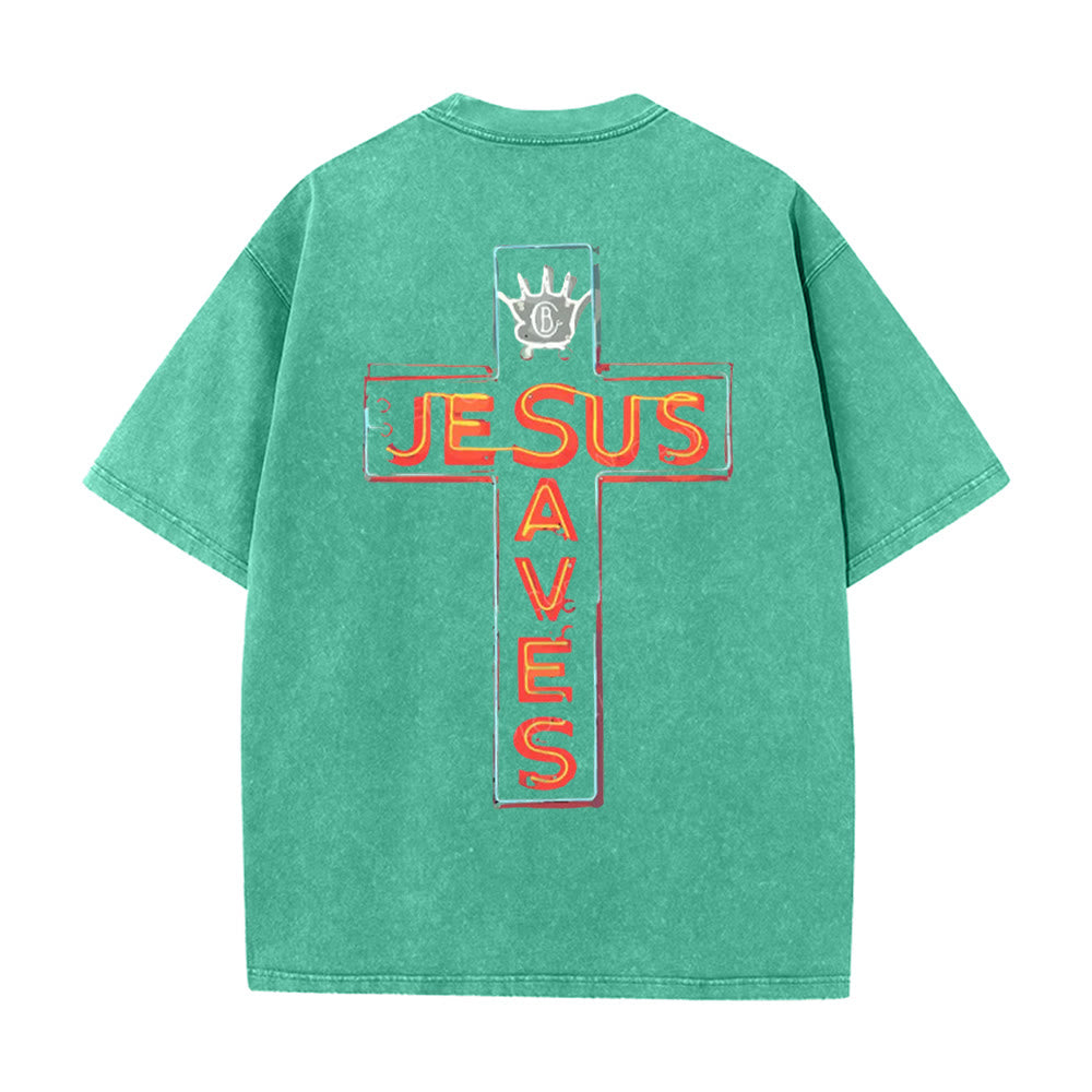 Christianartworkshop Jesus Saves Cross Graphic Unisex Washed T-Shirt - Green - 5XL - image 13