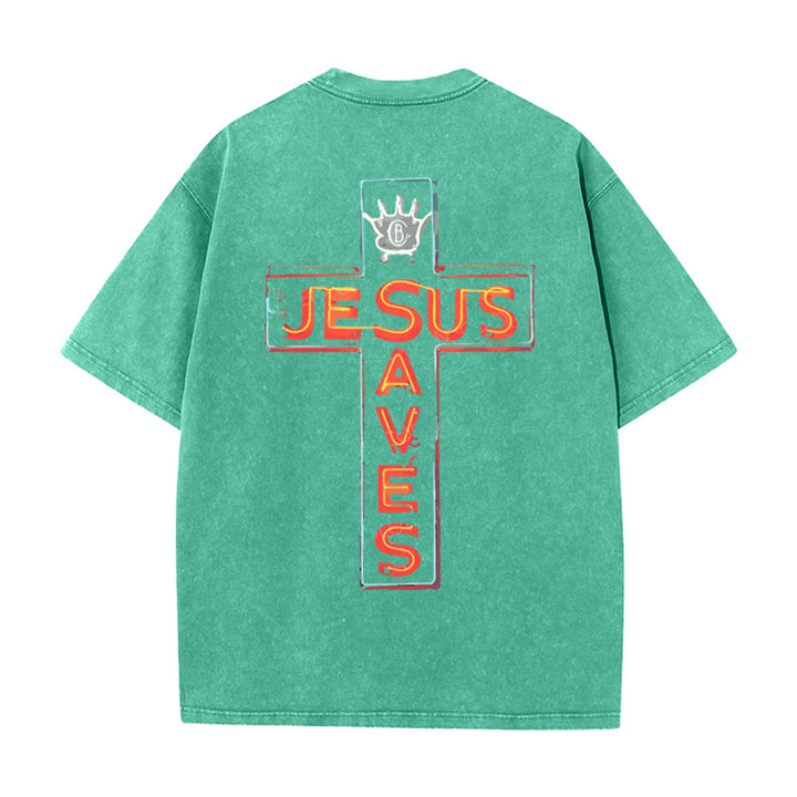 Christianartworkshop Jesus Saves Cross Graphic Unisex Washed T-Shirt - Green - 5XL - image 12