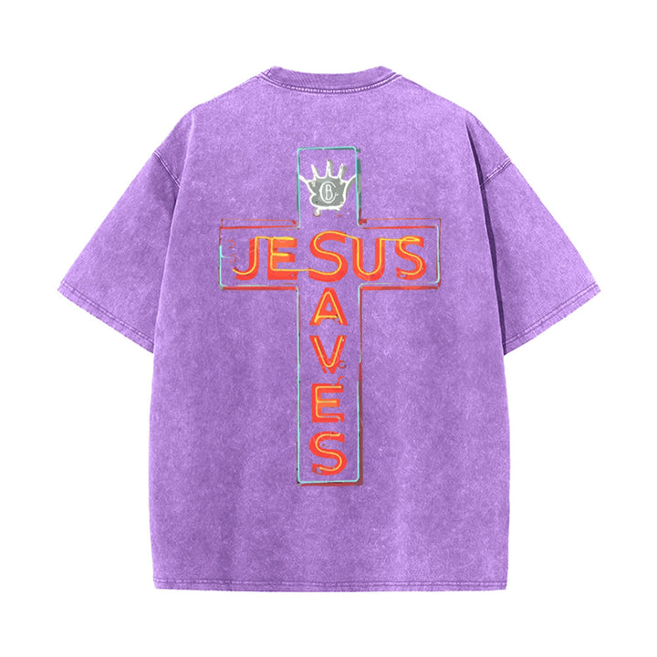Christianartworkshop Jesus Saves Cross Graphic Unisex Washed T-Shirt - Purple - 5XL - image 14