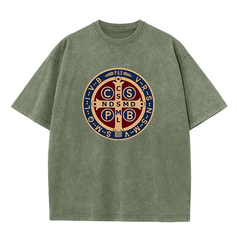 Christianartworkshop St. Benedict Medal Holy Cross Unisex Washed T-Shirt - Army Green - 5XL - image 5