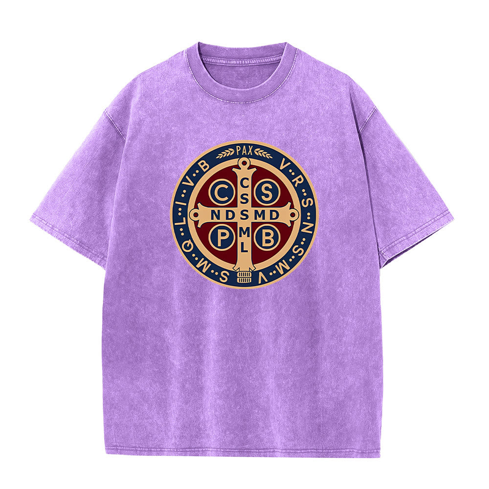 Christianartworkshop St. Benedict Medal Holy Cross Unisex Washed T-Shirt - Purple - 5XL - image 9