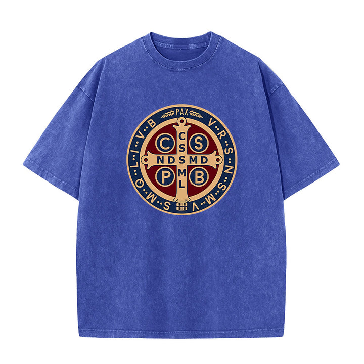 Christianartworkshop St. Benedict Medal Holy Cross Unisex Washed T-Shirt - Blue - 5XL - image 3