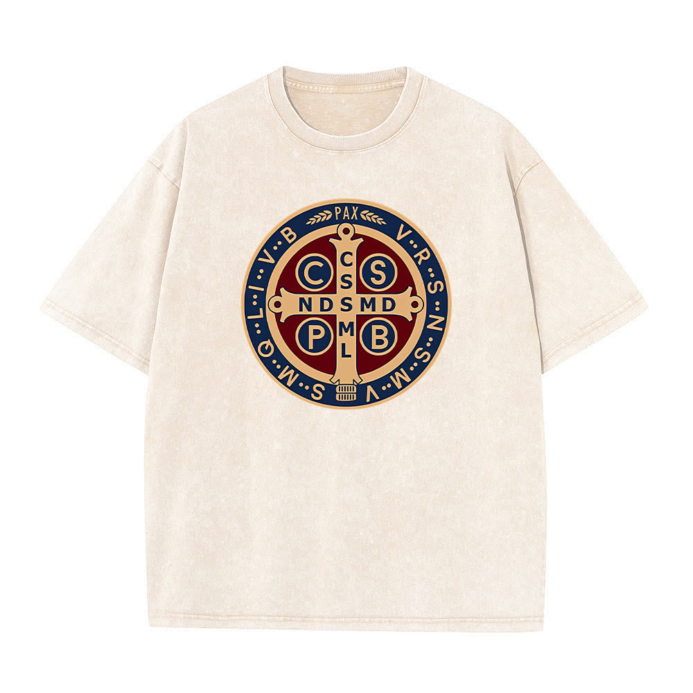 Christianartworkshop St. Benedict Medal Holy Cross Unisex Washed T-Shirt - Apricot - 5XL - image 8