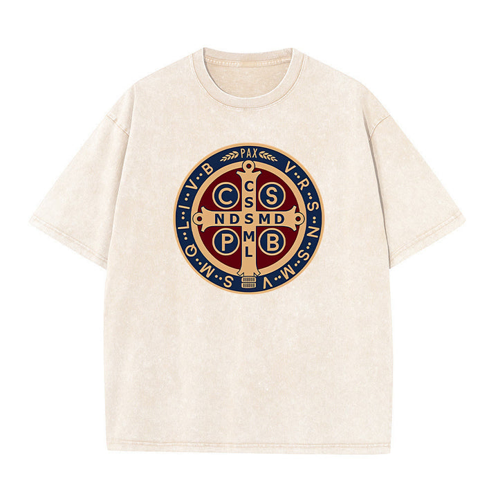 Christianartworkshop St. Benedict Medal Holy Cross Unisex Washed T-Shirt - Apricot - 5XL - image 8