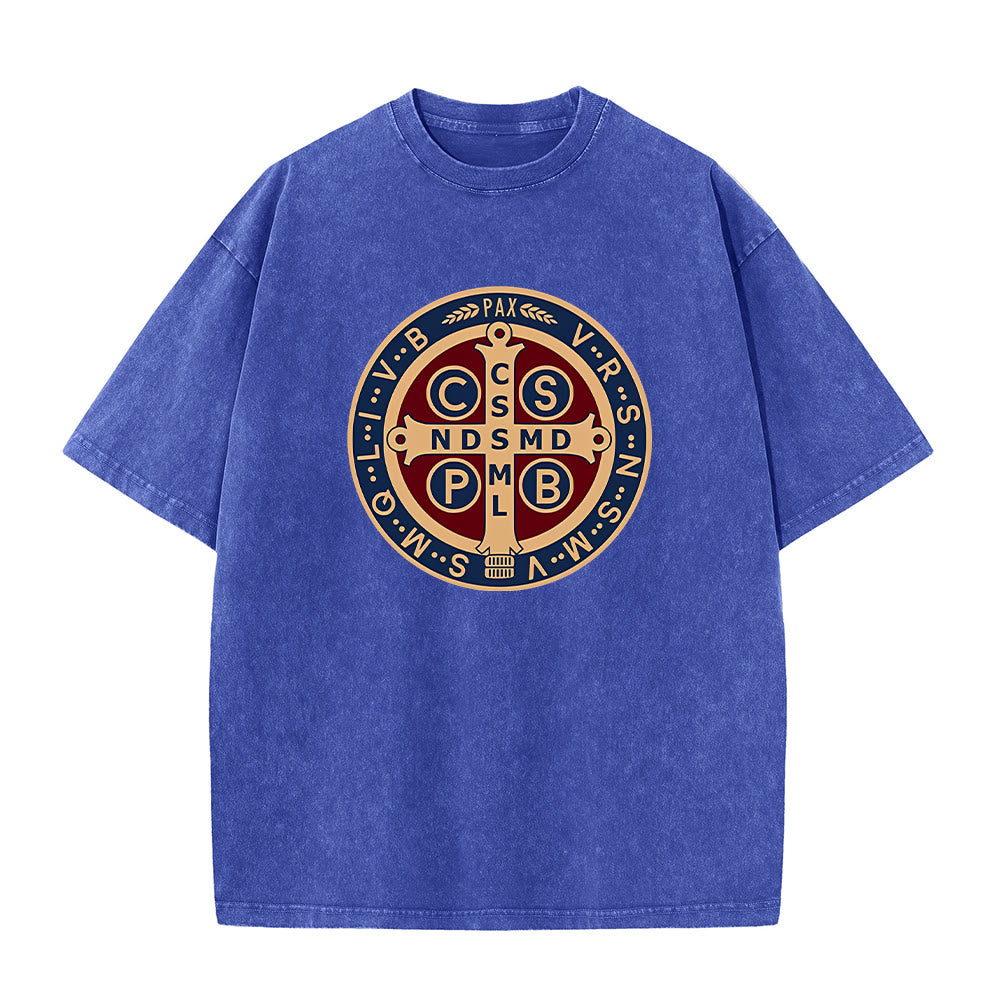 Christianartworkshop St. Benedict Medal Holy Cross Unisex Washed T-Shirt - Blue - 5XL - image 4