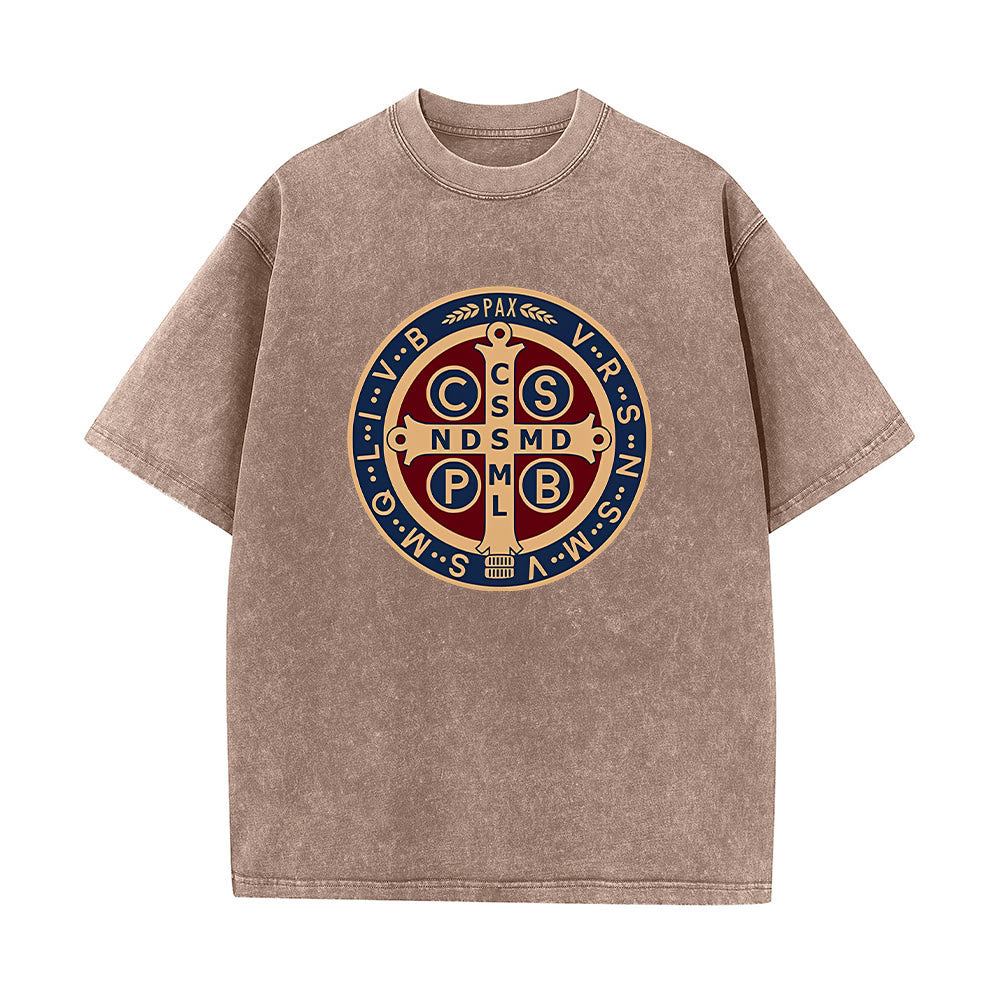 Christianartworkshop St. Benedict Medal Holy Cross Unisex Washed T-Shirt - Coffee - 5XL - image 7