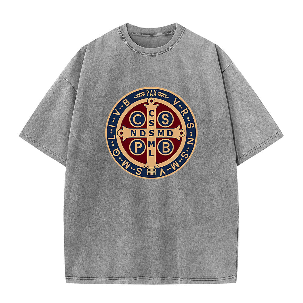 Christianartworkshop St. Benedict Medal Holy Cross Unisex Washed T-Shirt - Grey - 5XL - image 4