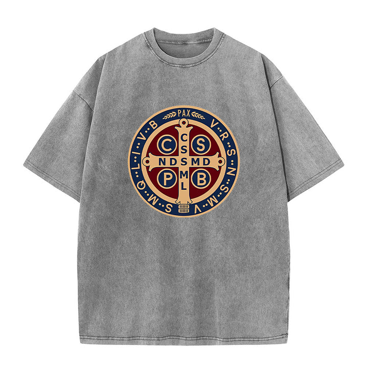 Christianartworkshop St. Benedict Medal Holy Cross Unisex Washed T-Shirt - Grey - 5XL - image 4