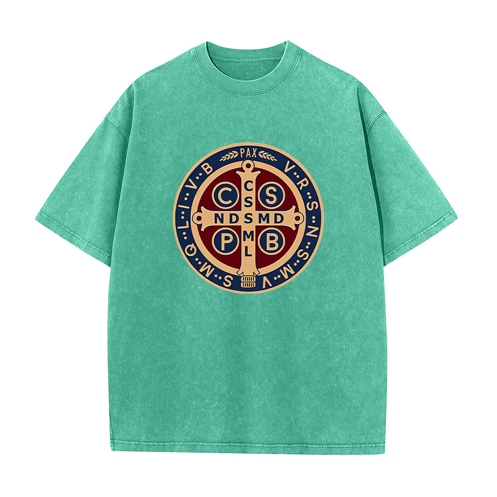Christianartworkshop St. Benedict Medal Holy Cross Unisex Washed T-Shirt - Green - 5XL - image 10