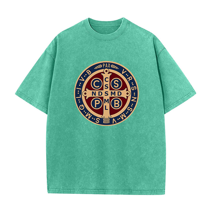 Christianartworkshop St. Benedict Medal Holy Cross Unisex Washed T-Shirt - Green - 5XL - image 10