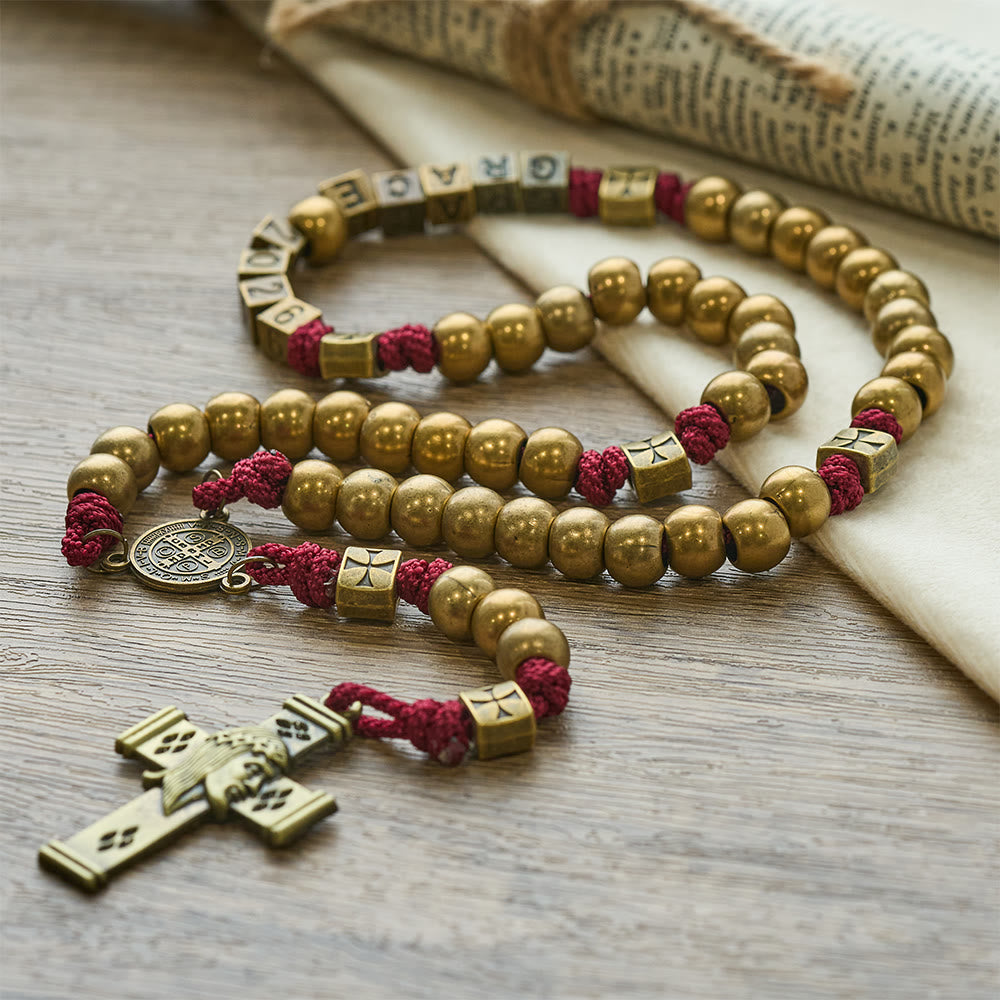 Christianartworkshop Grace & Year Bronze Red St. Benedict Rosary: 2026 Commemorative Beads with Custom Initials - image 3