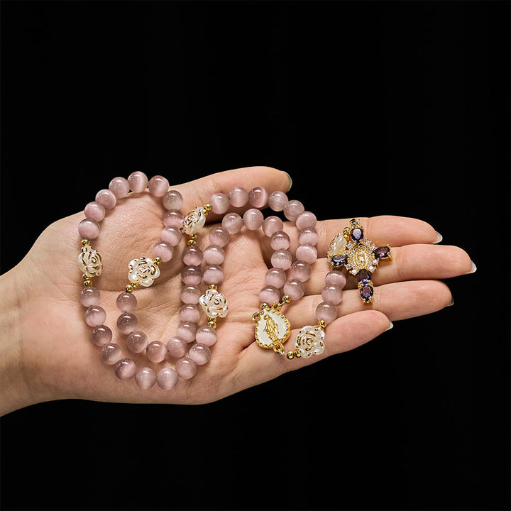 Christianartworkshop Soft Pink Cat's Eye Rosary with White Rose Beads and Holy Mother Emblem - image 9