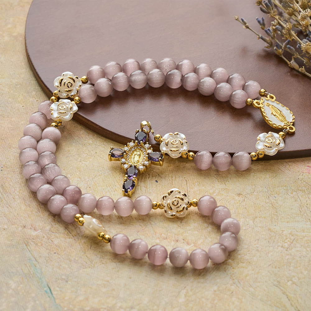 Christianartworkshop Cat's Eye & Rose Devotion Rosary in Lavender & Pink: Holy Mother Centerpiece for Gentle Prayer - image 5