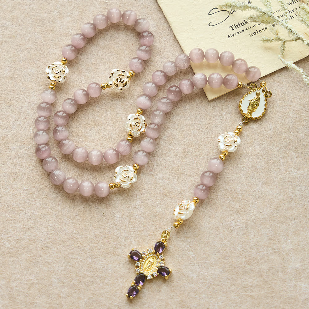 Christianartworkshop Soft Pink Cat's Eye Rosary with White Rose Beads and Holy Mother Emblem - image 10