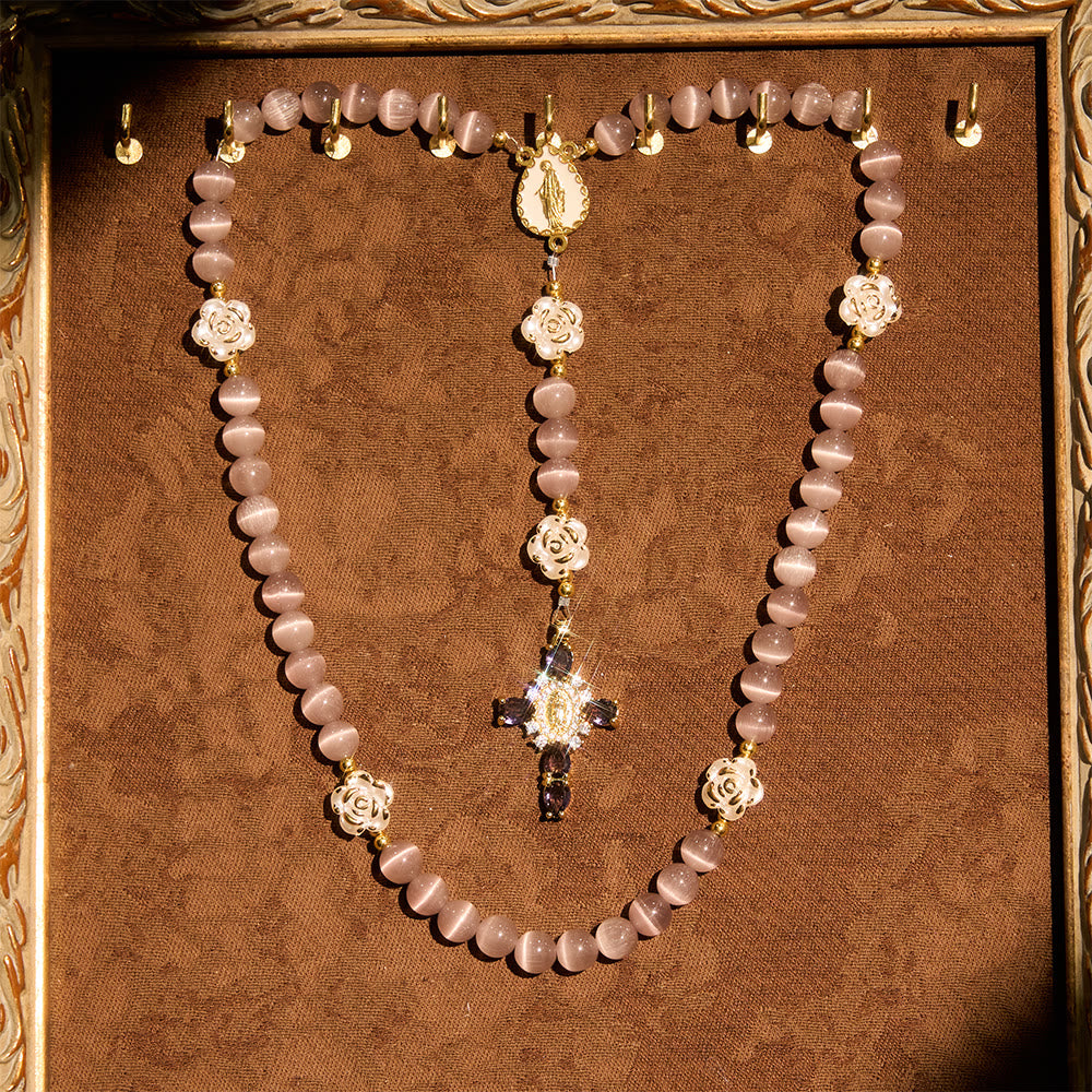 Christianartworkshop Soft Pink Cat's Eye Rosary with White Rose Beads and Holy Mother Emblem - Purple - image 8