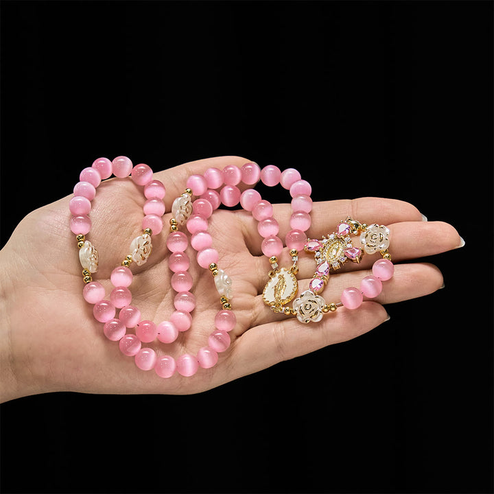 Christianartworkshop Soft Pink Cat's Eye Rosary with White Rose Beads and Holy Mother Emblem - image 1