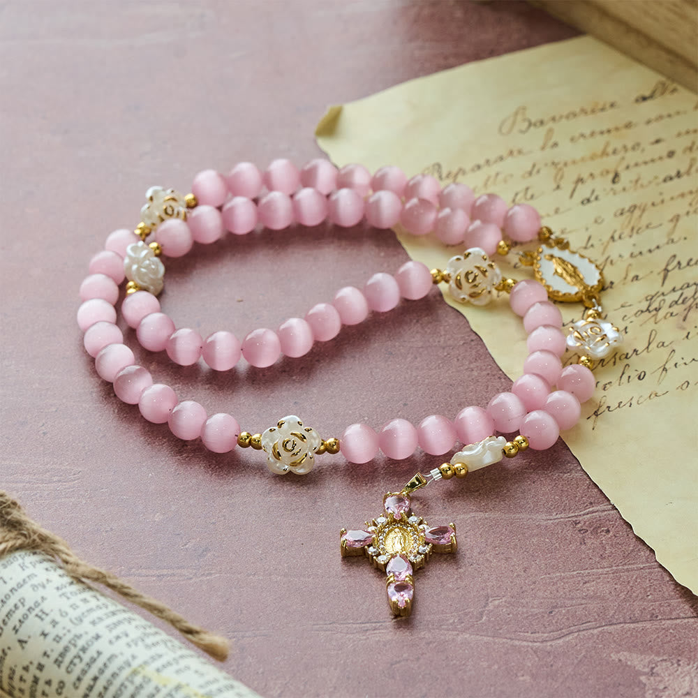 Christianartworkshop Soft Pink Cat's Eye Rosary with White Rose Beads and Holy Mother Emblem - image 4