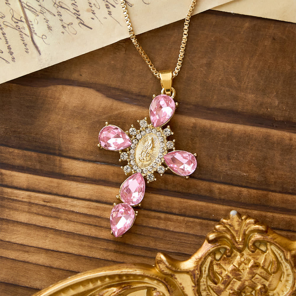 Christianartworkshop Luminous Our Lady Cross with Zircon Necklace: Warm Comfort for Faithful Hearts - Pink - image 3