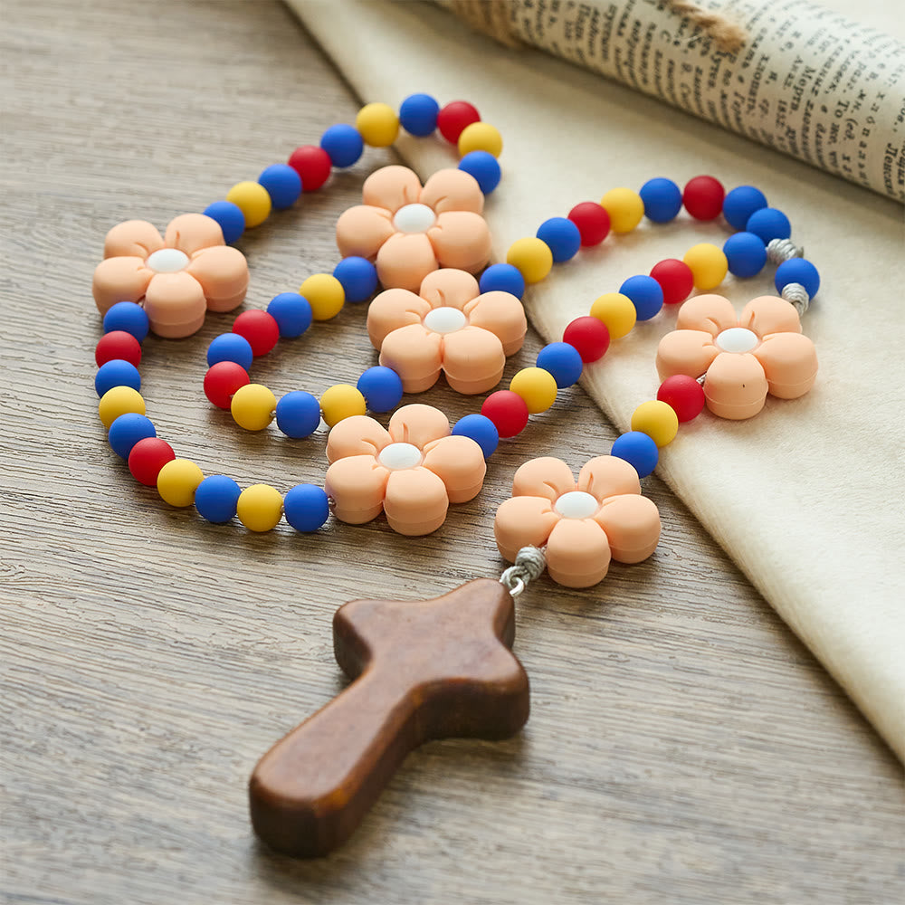Christianartworkshop Kids Rosary with Soft Silicone Flowers: Fun Flower Design with Red Yellow Blue Palette - image 6