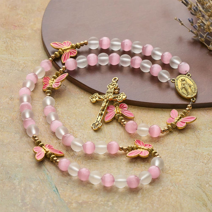 Christianartworkshop Purple Cat's Eye & Matte Glass Butterfly Blessed Rosary: Embody Sacred Love and Grace - Pink - image 1
