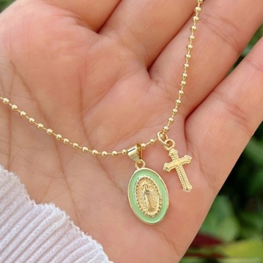 Christianartworkshop Dual-Faith Our Lady & Cross Necklace: Steady Companion for Daily Belief - Green - image 11