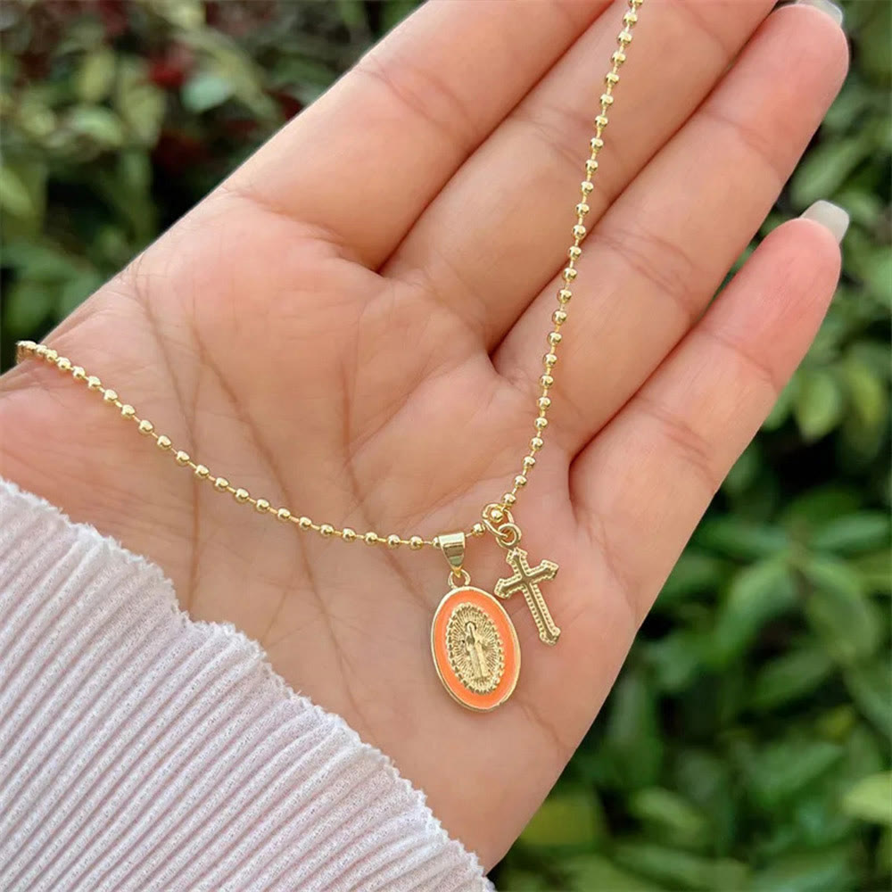 Christianartworkshop Dual-Faith Our Lady & Cross Necklace: Steady Companion for Daily Belief - Orange - image 3