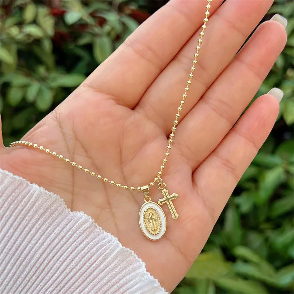 Christianartworkshop Dual-Faith Our Lady & Cross Necklace: Steady Companion for Daily Belief - White - image 2