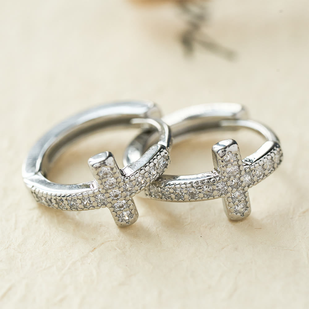 Christianartworkshop Elegant Dual-Color Cross Huggie Hoops: Timeless Beauty of Faith - Silver - image 0