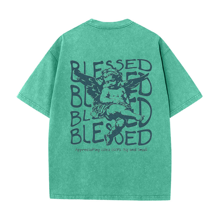 Christianartworkshop Inspired Blessed T-Shirt with Cherub Design Unisex Washed T-Shirt - Green - 5XL - image 4