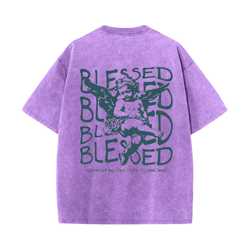 Christianartworkshop Inspired Blessed T-Shirt with Cherub Design Unisex Washed T-Shirt - Purple - 5XL - image 14
