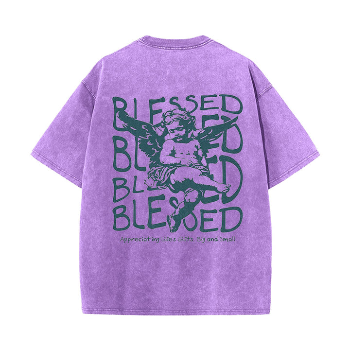 Christianartworkshop Inspired Blessed T-Shirt with Cherub Design Unisex Washed T-Shirt - Purple - 5XL - image 14