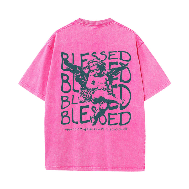 Christianartworkshop Inspired Blessed T-Shirt with Cherub Design Unisex Washed T-Shirt - Pink - 5XL - image 12