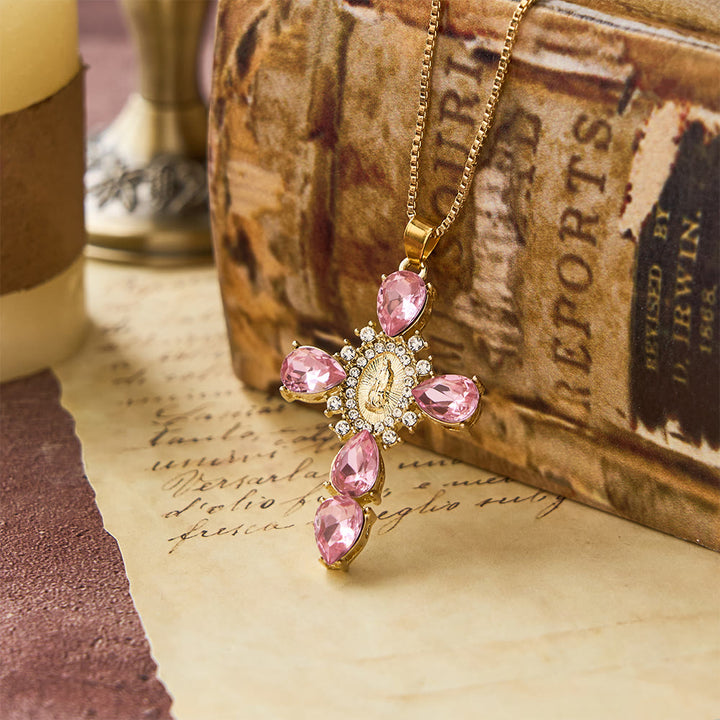 Christianartworkshop Diamond Virgin Mary Cross Necklace - Pink - image 1