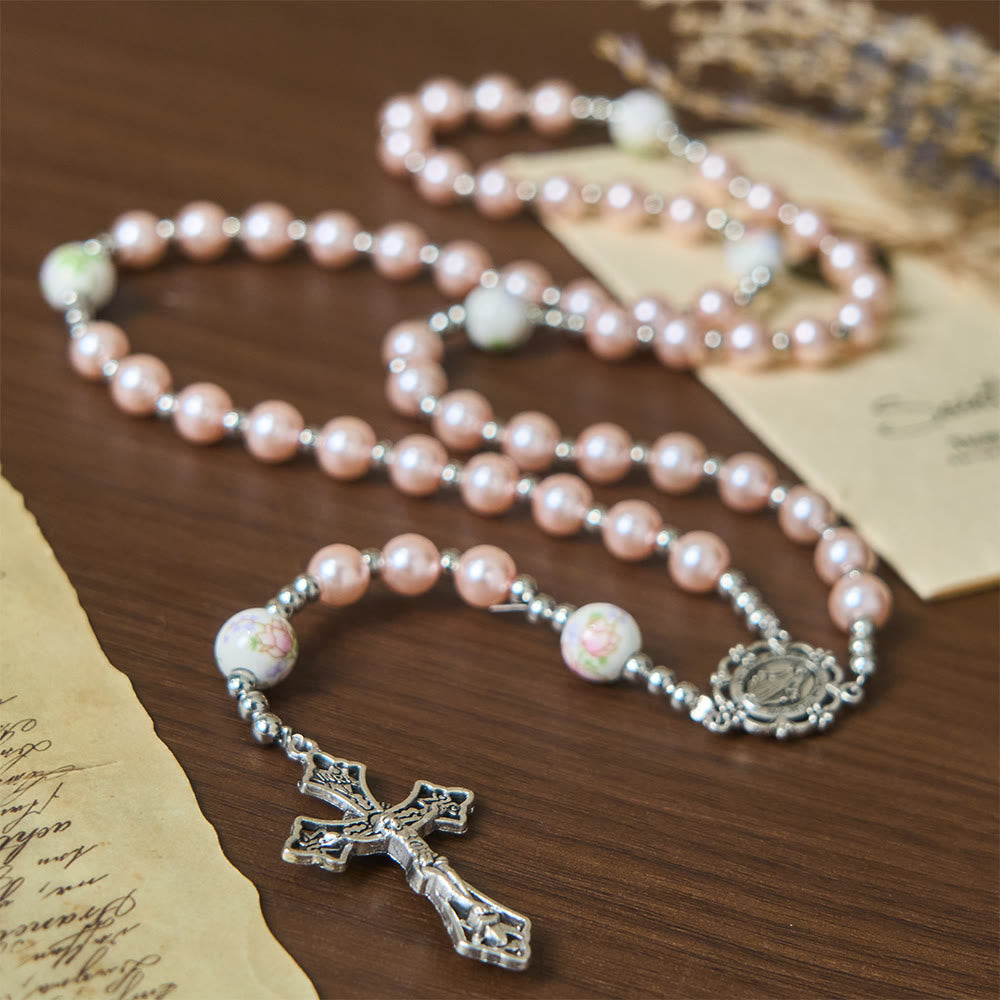Christianartworkshop Miraculous Medal & Crucifix of 8 mm Round Multicolor Pearl Nylon Cord Rosary - Pink - image 1