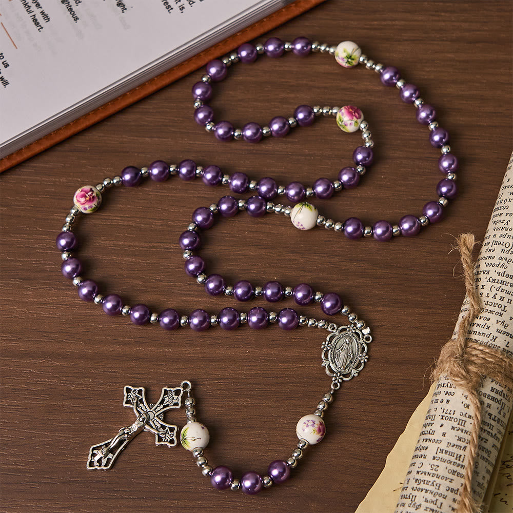 Christianartworkshop Miraculous Medal & Crucifix of 8 mm Round Multicolor Pearl Nylon Cord Rosary - Purple - image 0