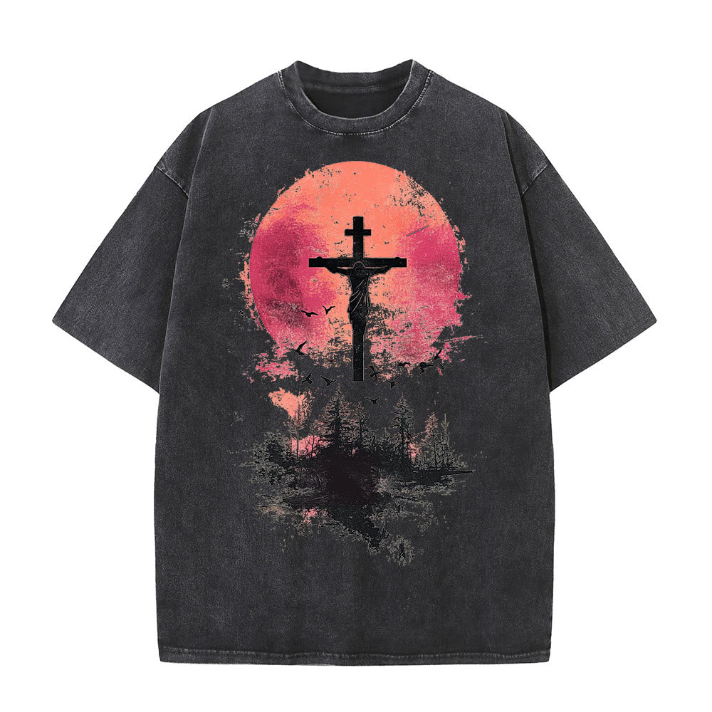 Christianartworkshop Divine Crucifix Over Nature Landscape Unisex Washed T-shirt - Black - 5XL - image 2