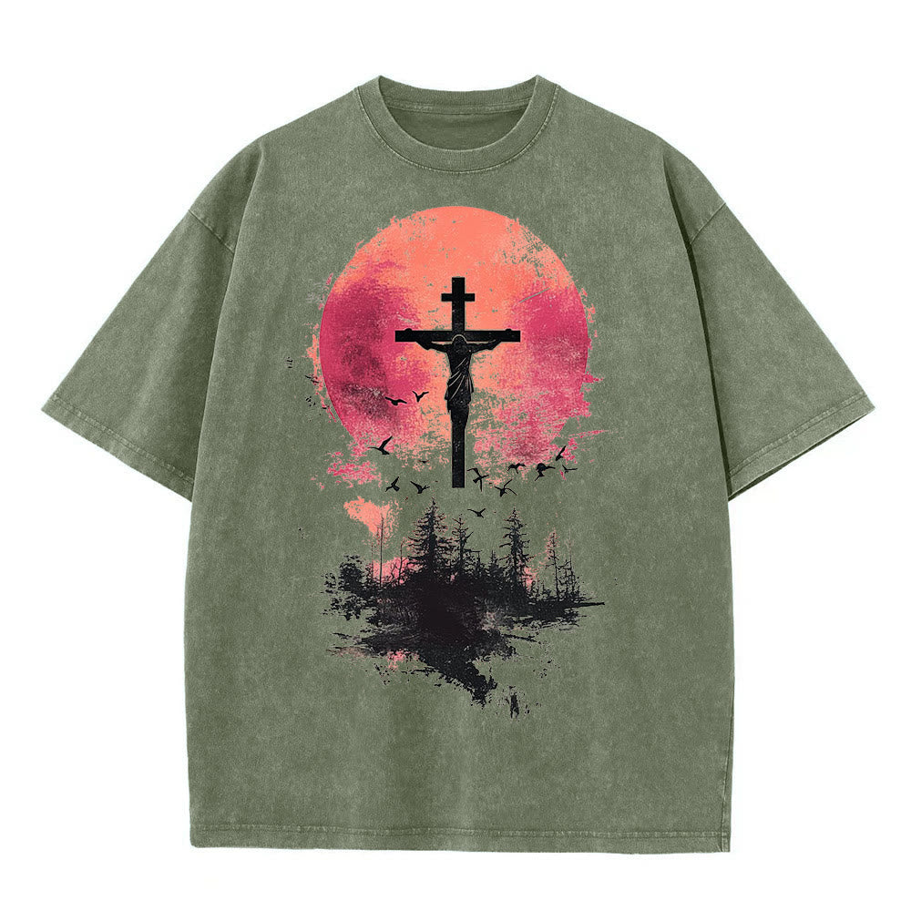 Christianartworkshop Divine Crucifix Over Nature Landscape Unisex Washed T-shirt - Army Green - 5XL - image 3