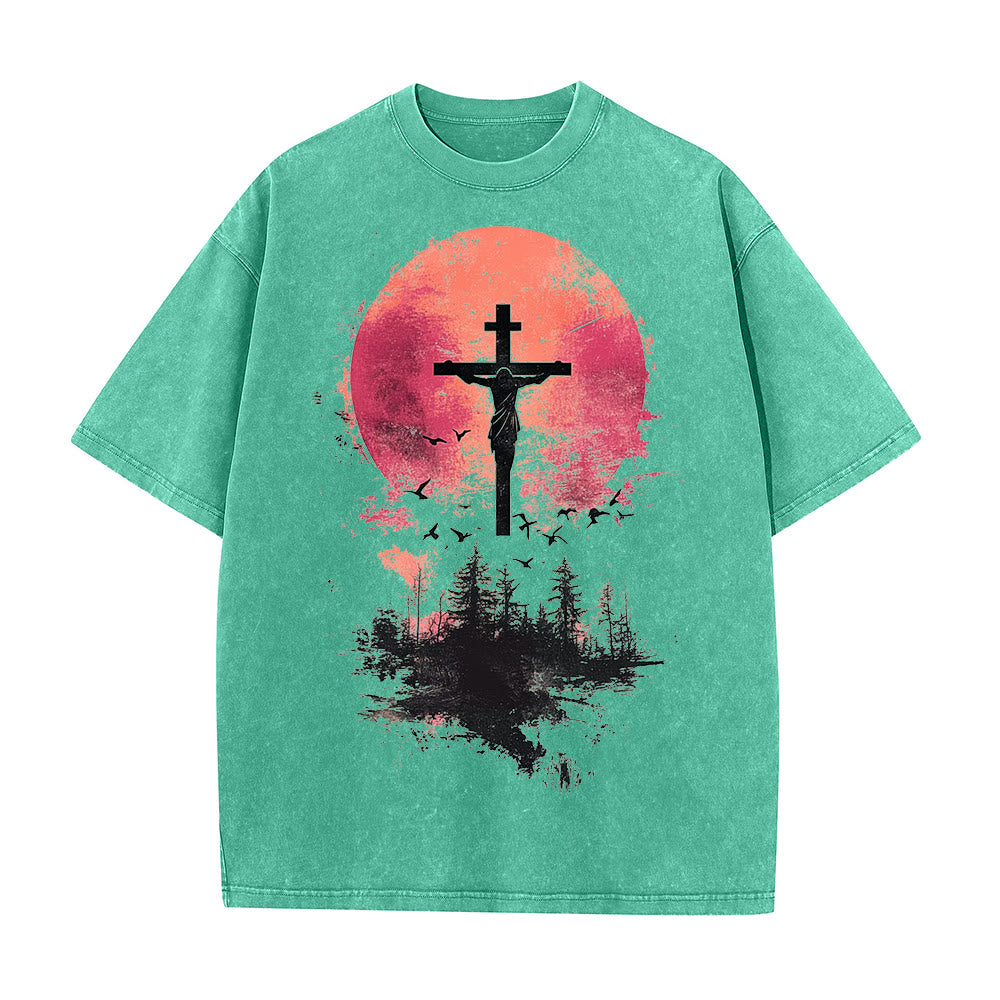 Christianartworkshop Divine Crucifix Over Nature Landscape Unisex Washed T-shirt - Green - 5XL - image 1