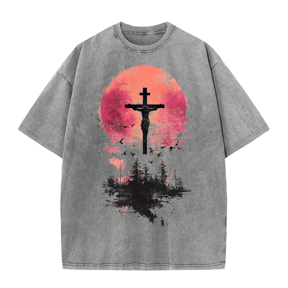 Christianartworkshop Divine Crucifix Over Nature Landscape Unisex Washed T-shirt - Grey - 5XL - image 4
