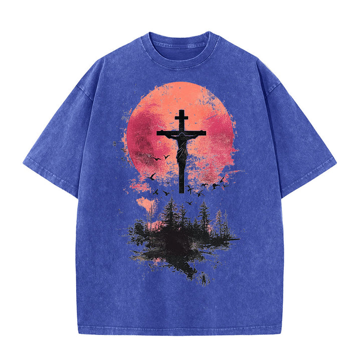 Christianartworkshop Divine Crucifix Over Nature Landscape Unisex Washed T-shirt - Blue - 5XL - image 8
