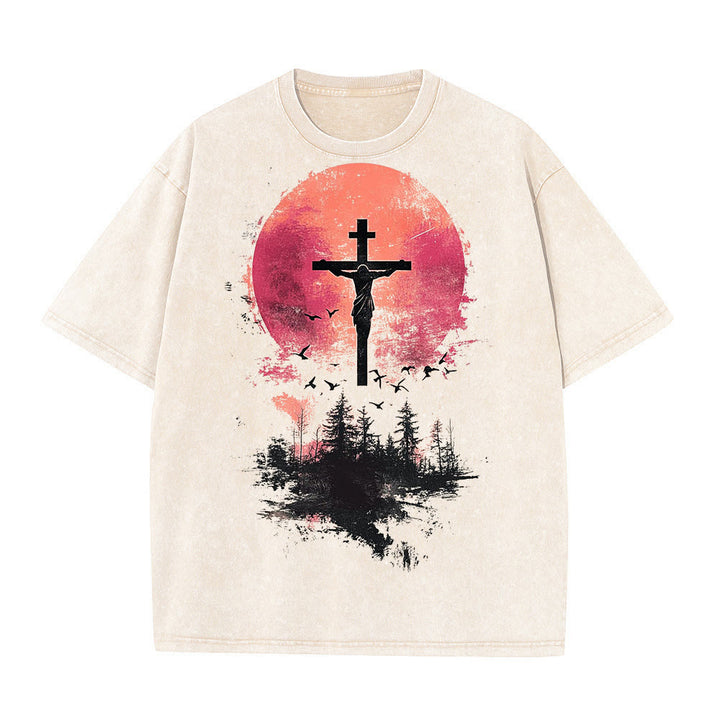 Christianartworkshop Divine Crucifix Over Nature Landscape Unisex Washed T-shirt - Apricot - 5XL - image 5
