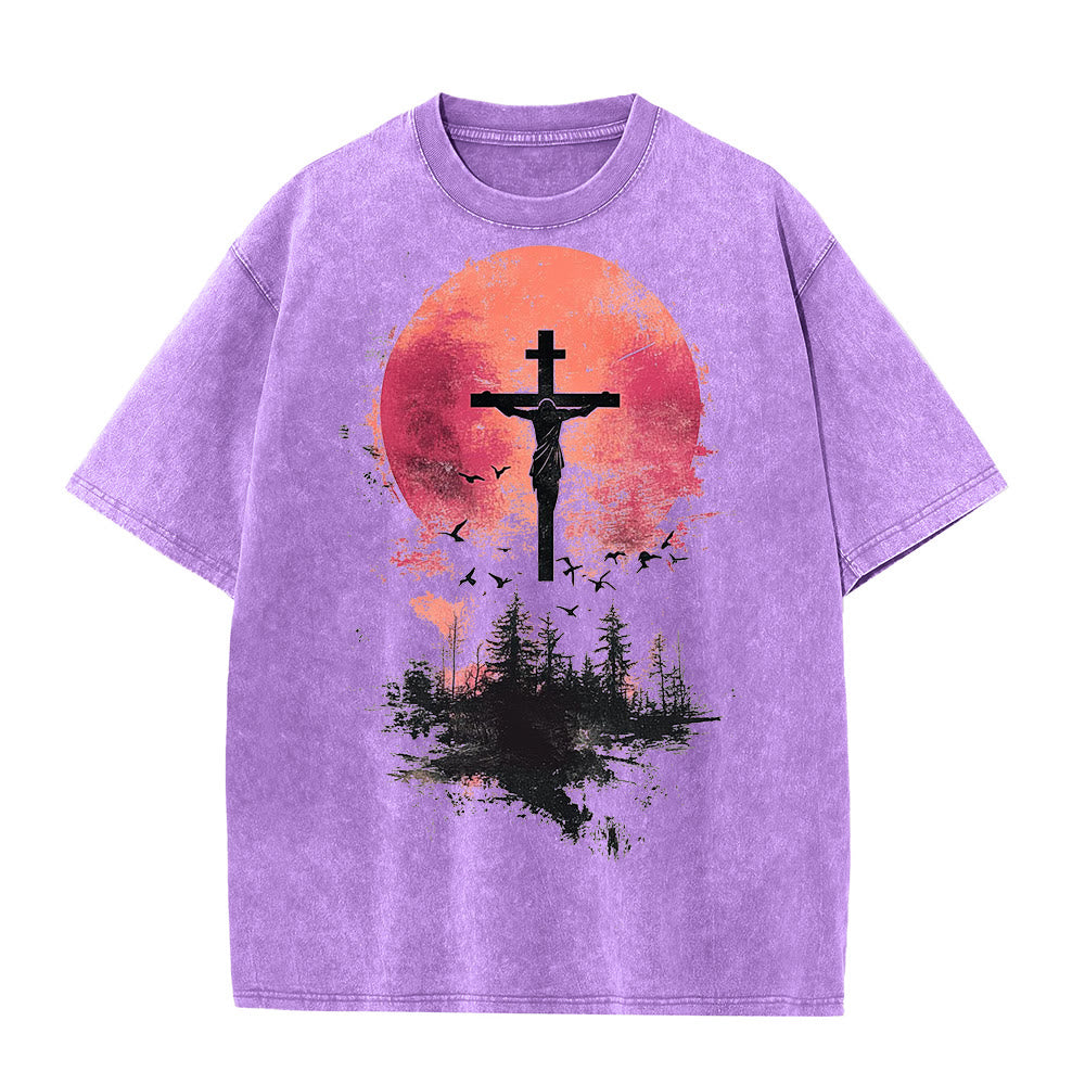 Christianartworkshop Divine Crucifix Over Nature Landscape Unisex Washed T-shirt - Purple - 5XL - image 0