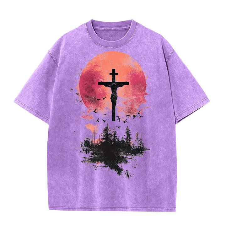 Christianartworkshop Divine Crucifix Over Nature Landscape Unisex Washed T-shirt - Purple - 5XL - image 0