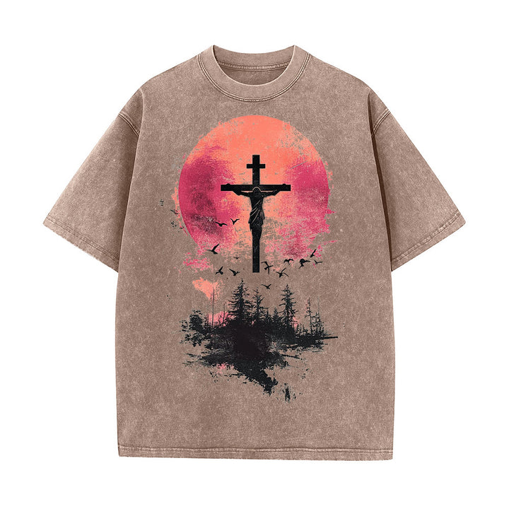 Christianartworkshop Divine Crucifix Over Nature Landscape Unisex Washed T-shirt - Coffee - 5XL - image 7